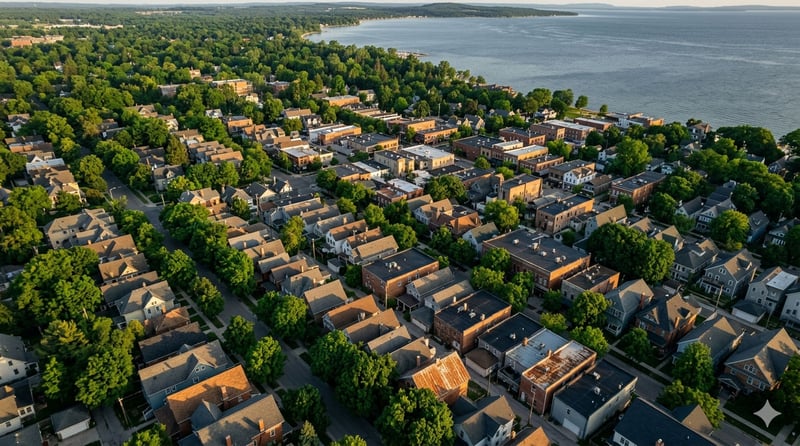 Aerial view of Traverse City's Old Town waterfront and West Bay in early morning light, rooftops and tree canopy visible from above
