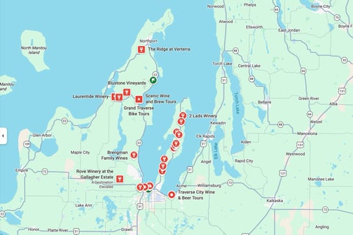 Google maps view of wineries in Traverse City Michigan and their appearance in the map pack