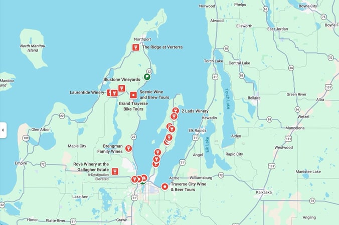 Google maps view of wineries in Traverse City Michigan and their appearance in the map pack