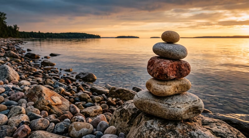 Stacked stones cairn on the shore of Grand Traverse Bay at golden hour, calm water reflecting warm amber and steel-blue sky, no people, editorial and minimal.