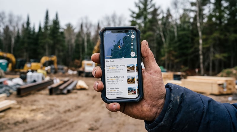 A contractor's Google Business Profile shown on a phone screen, map pack visible above two competitors