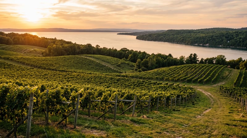 Sunlit vineyard rows overlooking a Northern Michigan bay in late summer