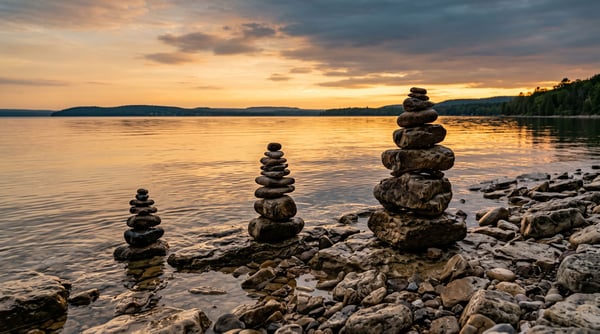 Three balanced stone cairns of increasing size along a Traverse City shoreline at golden hour, representing tiered local SEO pricing.