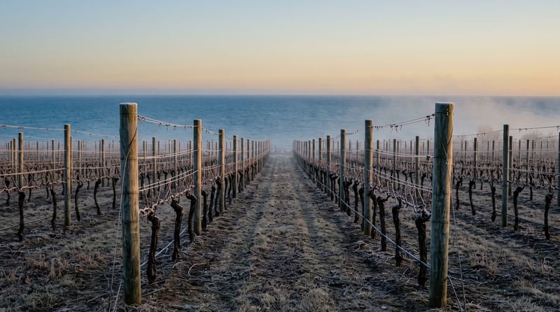 Morning light over a Leelanau Peninsula vineyard, rows of dormant vines extending toward the bay horizon