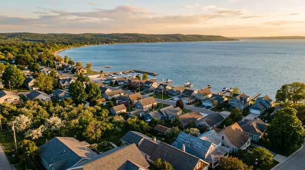 Aerial view of Traverse City rooftops along Grand Traverse Bay at golden hour