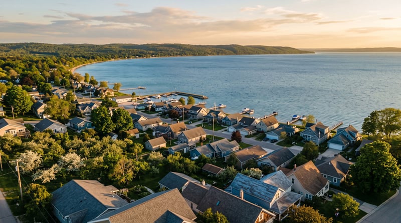 Aerial view of Traverse City rooftops along Grand Traverse Bay at golden hour