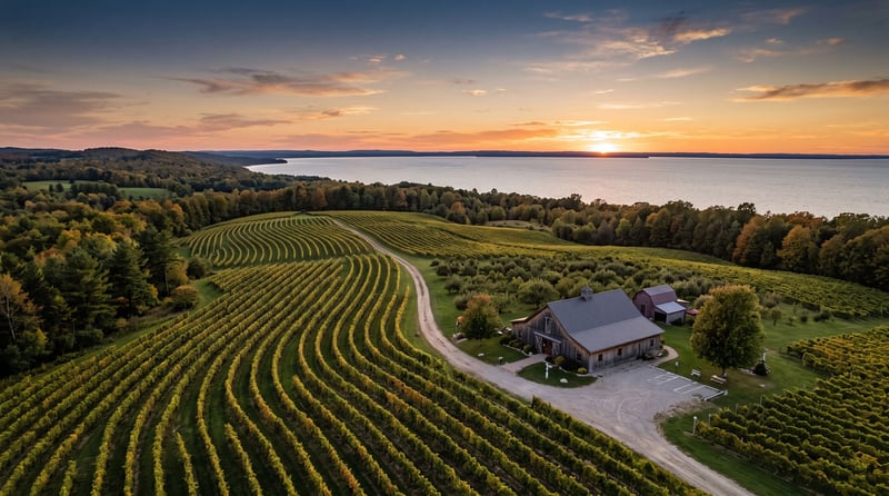 Golden hour view of a Leelanau Peninsula vineyard with rows leading toward a small tasting room